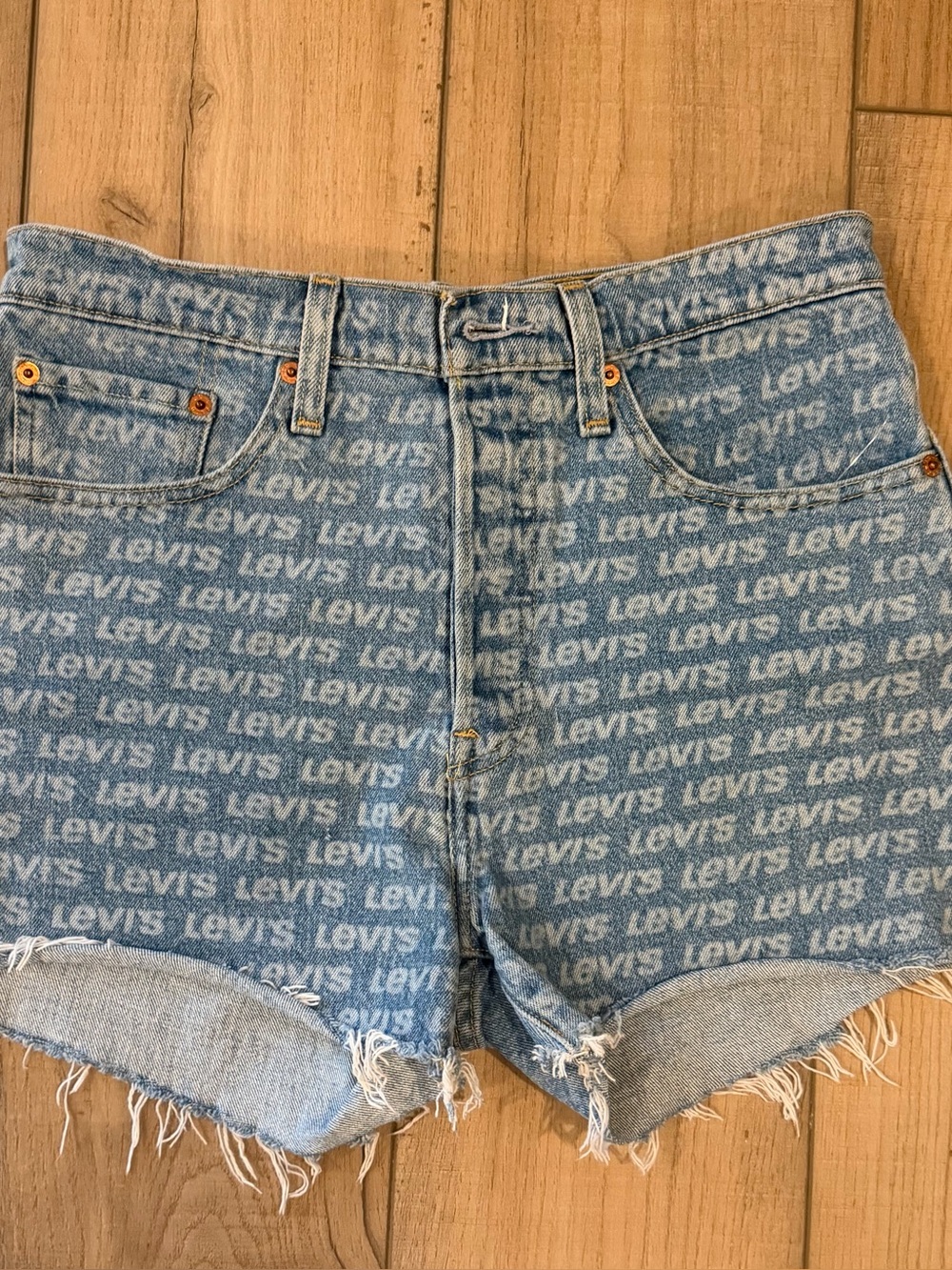 Levi's Light Blue All-Over Logo Denim Cutoff Shorts